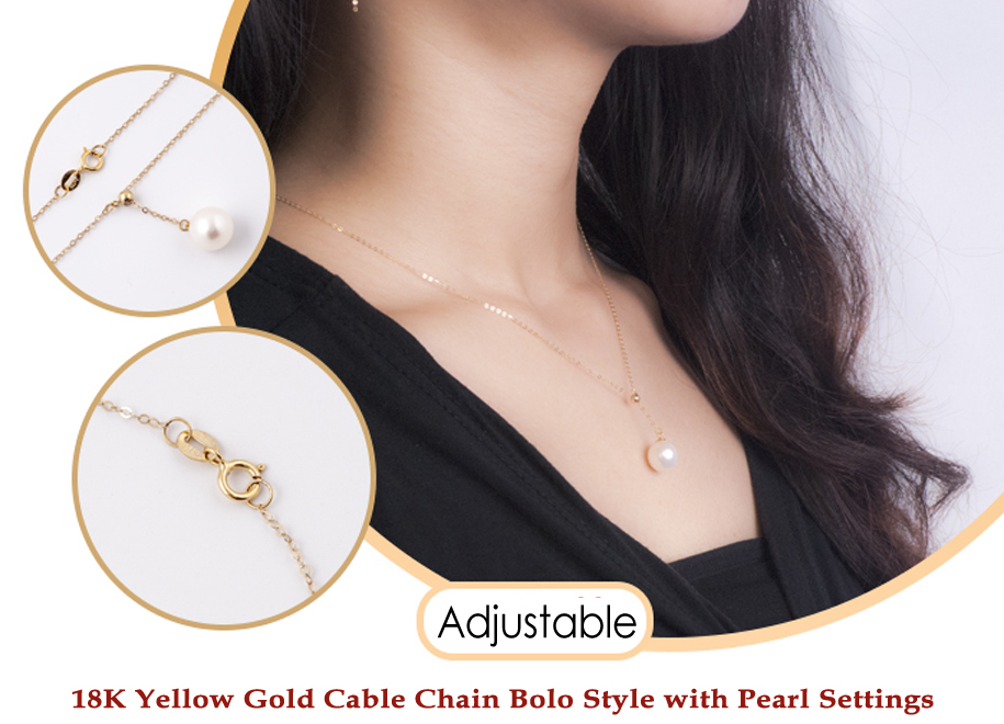 18K Yellow Gold Cable Chain Adjustable Bolo Style with Pearl Settings