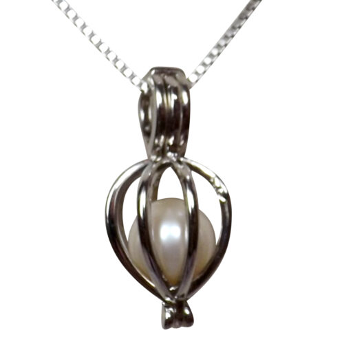 Adjustable length heart shaped 925 pearl cage necklace