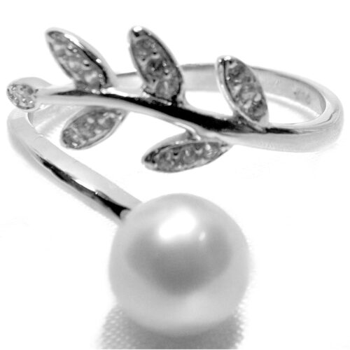 Adjustable Sized 925 Sterling Silver Pearl Ring with 3 Leave Design