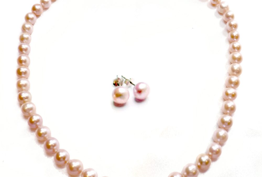 Large 8-9mm Round Pearl Necklace and 925 Silver Earrings Studs Set of 2