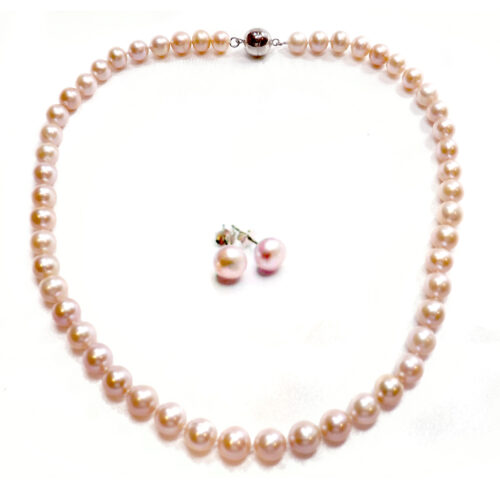 Mauve Colored 8-9mm Round Black Pearl Necklace Earrings Set