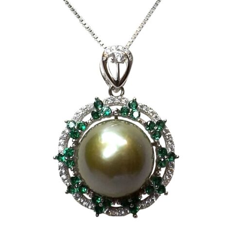 Large 18k White Gold over 925 Sterling Silver Flower Shaped Pearl Pendant