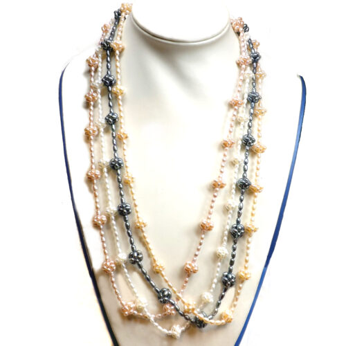 28in long white, pink, mauve and black Pearl Necklace with pearl flowers