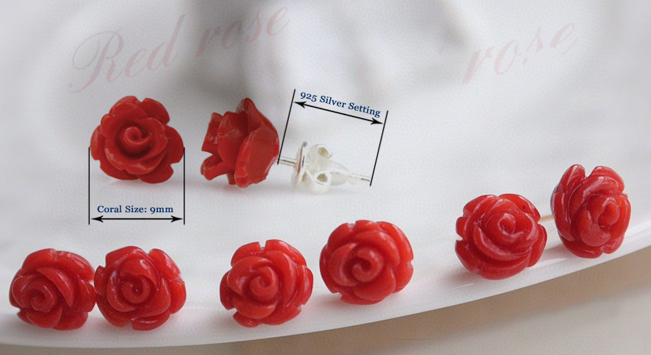 Red Rose Coral Earrings in 925 Sterling Silver
