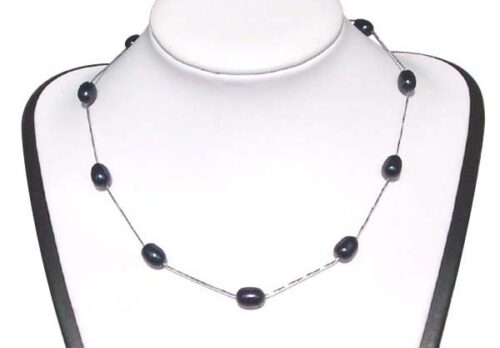 Black 7-8mm Rice Pearl Silver Tin-Cup Choker, 17.5in 925 SS