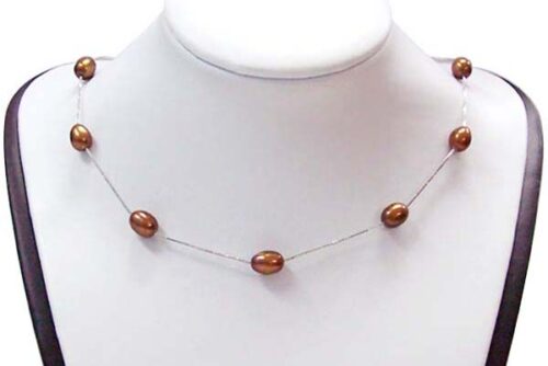 Chocolate 7-8mm Rice Pearl Silver Tin-Cup Choker, 17.5in 925 SS