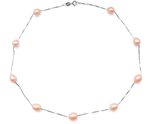 Pink 7-8mm Rice Pearl Silver Tin-Cup Choker, 17.5in 925 SS