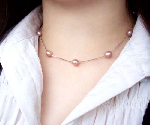 Mauve colored Tin Cup Sterling Silver Pearl Necklace