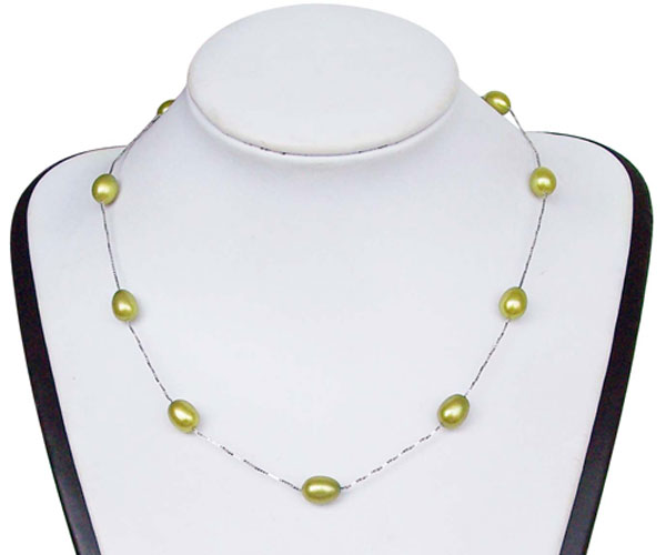 Olive Green 7-8mm Rice Pearl Silver Tin-Cup Choker, 17.5in 925 SS
