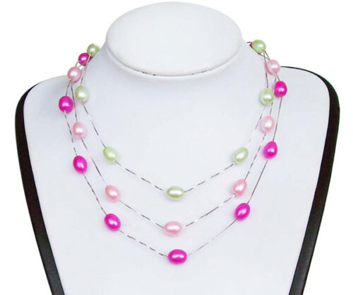 Hot Pink and Pale Pink 7-8mm Rice Pearl Silver Tin-Cup Choker, 17.5in 925 SS