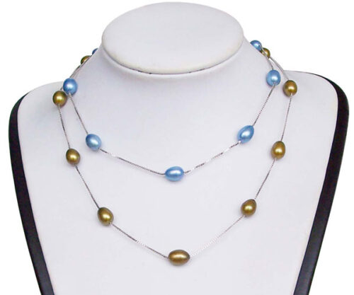 Dark Golden Rod and Blue 7-8mm Rice Pearl Silver Tin-Cup Choker, 17.5in 925 SS
