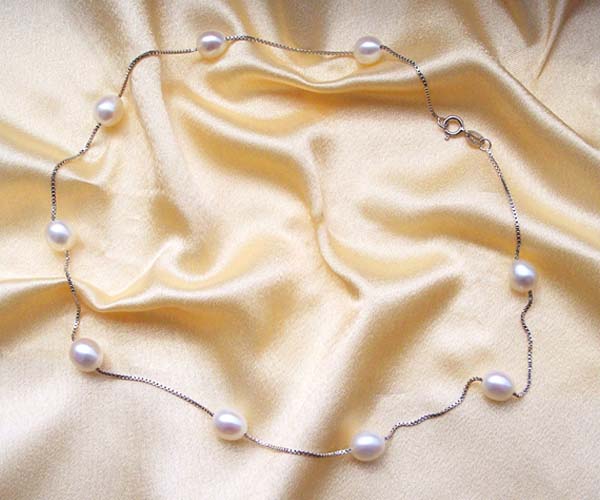 White 7-8mm Rice Pearl Silver Tin-Cup Choker, 17.5in 925 SS