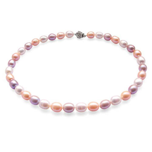 Stylish 9-10mm AA Rice Pearl Necklace with 925 Silver Rose Clasp