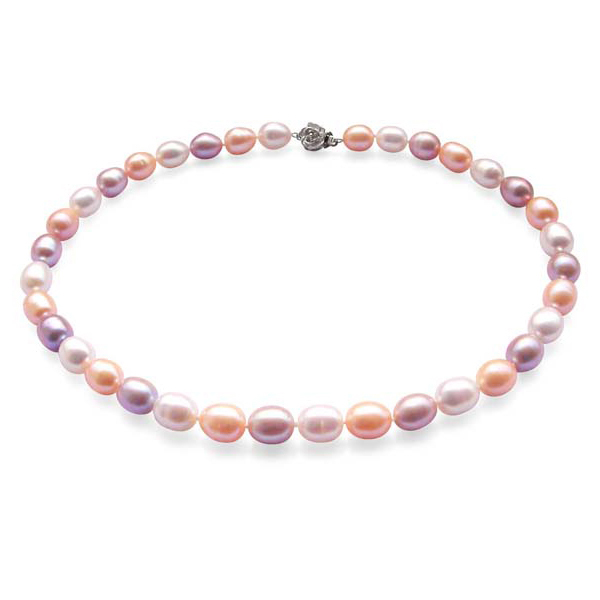 Stylish 9-10mm AA Rice Pearl Necklace with 925 Silver Rose Clasp