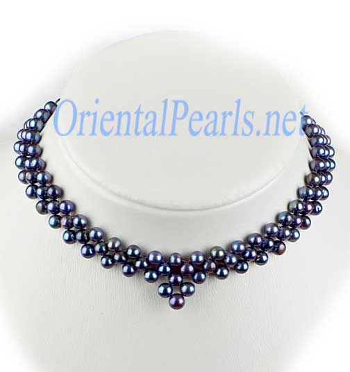 Black 6-7mm Pearl Necklace Bib, 925 SS