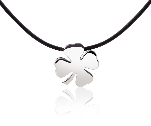 Clover Shaped Pendant, 18K WG Overlay, Leather Cord