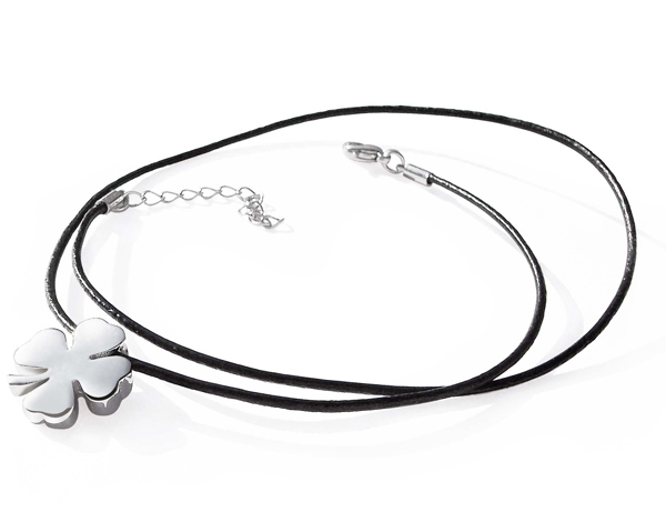 Clover Shaped Pendant, 18K WG Overlay, Leather Cord