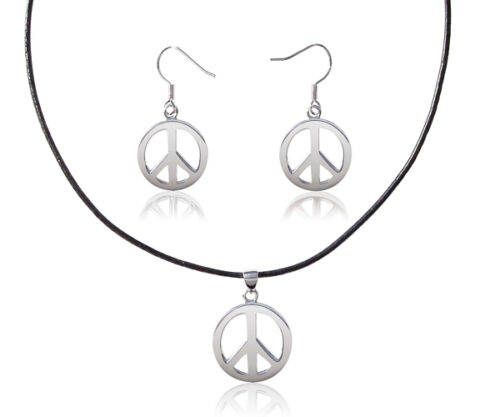 WG plated Pendant and Earrings Set, Peace Sign Design, Free Black Leather Cord