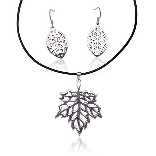 Pendant and Earrings Set, 18K Gold Overlay, Free Leather Cord