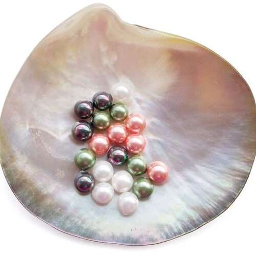 Peacock Black, Peacock Green, Pale Pink and White 6mm Round AAAA SSS Pearls, Half Drilled