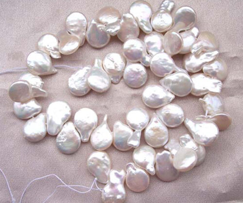 Teardrop Shaped White 12X14mm Coin Pearl Strand