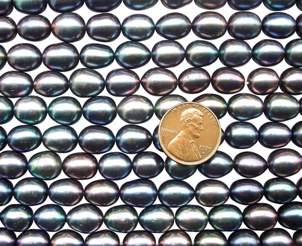 Black 9-10mm Rice or Oval Shaped Pearl Strand