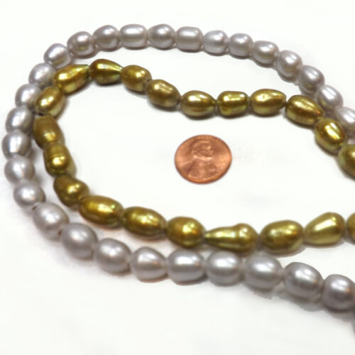 9-10mm White, Grey or Olive Green Rice or Oval Shaped pearl Strand