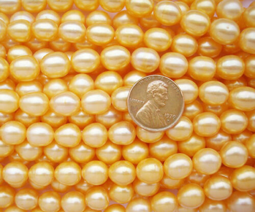 Gold 9-10mm Rice or Oval Shaped Pearl Strands
