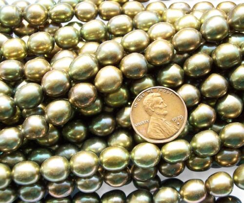 Peacock Green 9-10mm Rice or Oval Shaped Pearl Strands