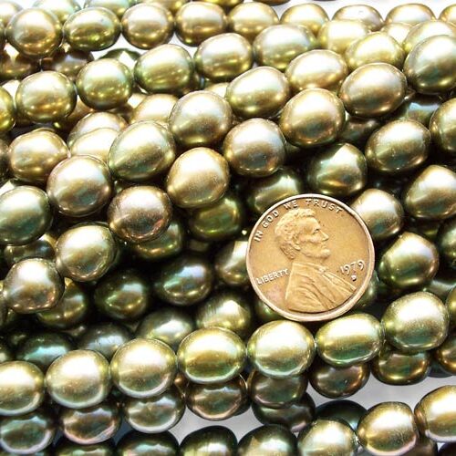 Peacock Green 9-10mm Rice or Oval Shaped Pearl Strands