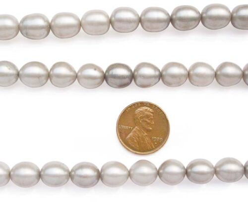 Light Grey 9-10mm Rice or Oval Shaped Pearl Strands