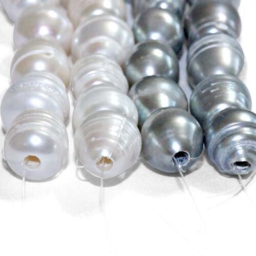 White and grey 12-13mm Rice Pearl Strands with Natural Dents,2.3mm hole