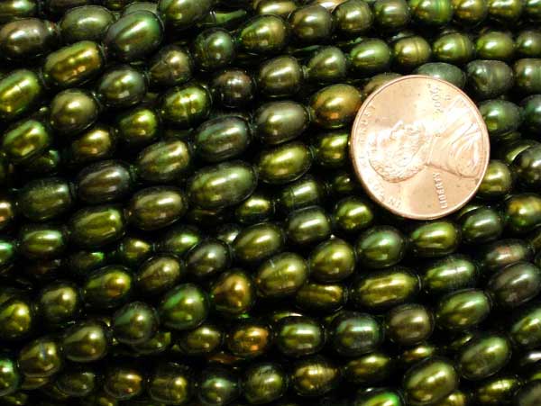 Peacock Green 5-6mm Oval or Rice Pearl Strands
