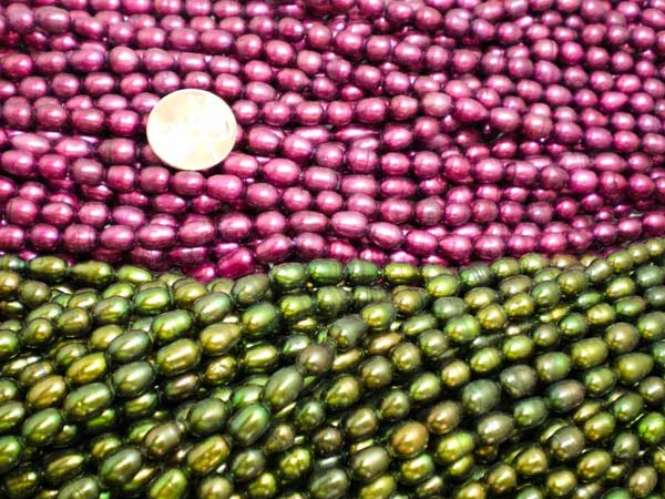Magenta and Peacock Green 5-6mm Oval or Rice Pearl Strands