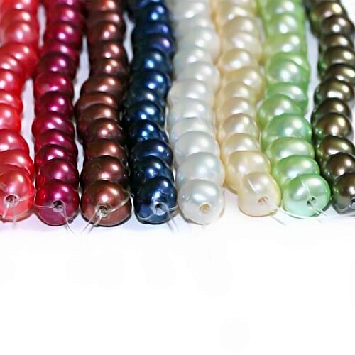 White, Brown, Chocolate, Navy Blue, Light Green, Red and Champagne 7-8mm AA Side drilled Semi-Round Potato Pearl Strands