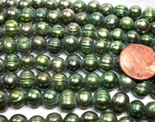 Olive Green 8-9mm Side Drilled Semi-Round Pearl Strands, Natural Dents,Larger Hole