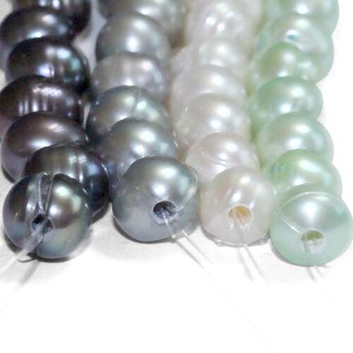 Black, Grey, White and Light Green 8-9mm Side Drilled Semi-Round Pearl Strands, Natural Dents,Larger Hole