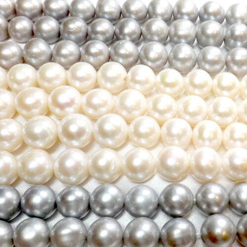 White or Grey Colored 12-13mm Near Round Potato Pearls on Temporary Strand