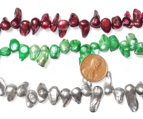 Irregular Shaped Cranberry, Green and Grey Pearls with Tails