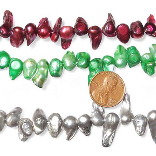 Irregular Shaped Cranberry, Green and Grey Pearls with Tails