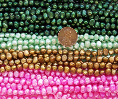 Dark Green, Light Green, Brown and Hot Pink 5-6mm Baroque Shaped Pearl Strands