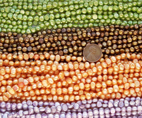 Spring Green, Sandy Brown, Dark Golden Rod and Light Purple 5-6mm Baroque Shaped Pearl Strands