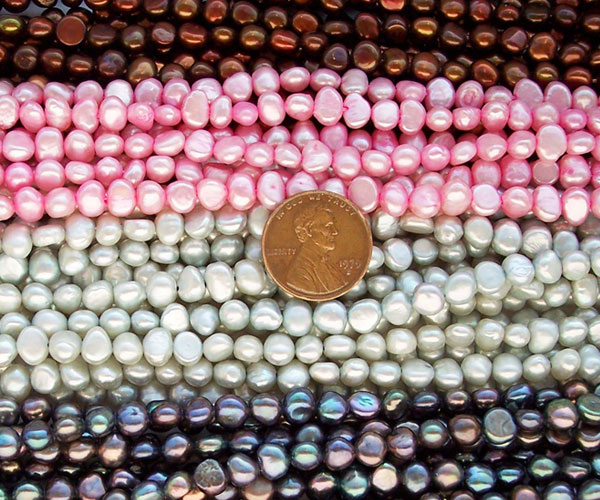 Golden Brown, Baby Pink, Silver Gray and Multi-Black 5-6mm Baroque Shaped Pearl Strands