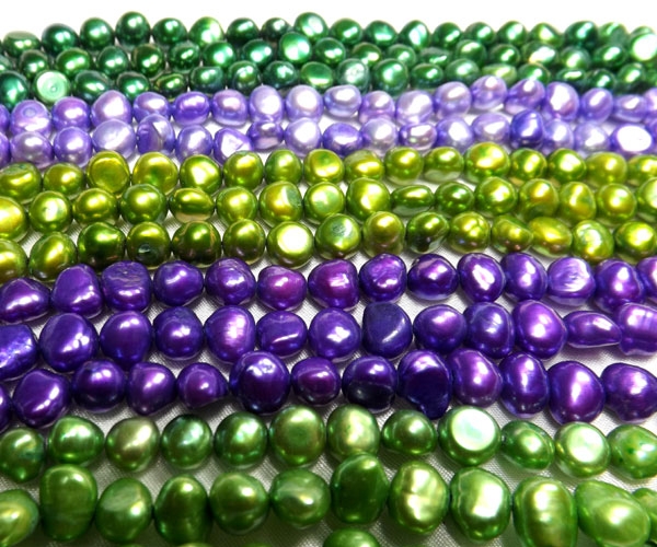 Christmas Green, Light orchid, Olive Green, Dark Orchid, and Green Baroque Pearl Strands