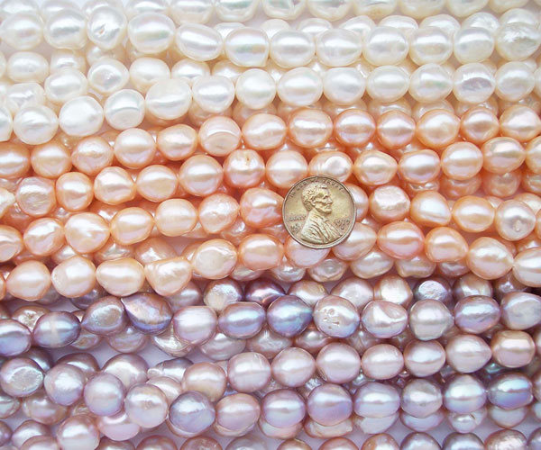 White, Pink and Mauve 11-12mm Length Drilled Baroque Pearl Strands