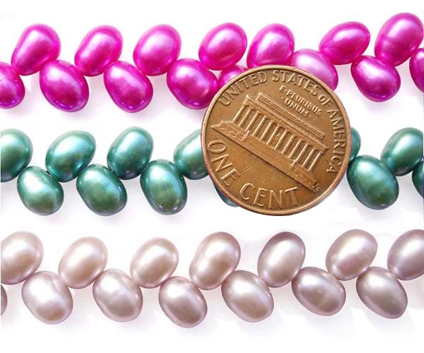 Hot Pink, Green and Pink Top Drilled 5x7mm Two Row Drop Pearl Strands