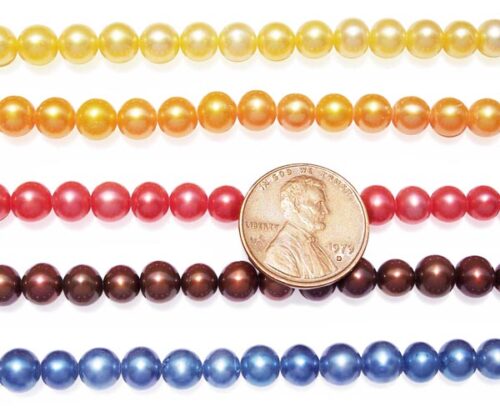 Yellow, Gold, Red, Chocolate and Blue 6-7mm AA+ Round Pearl Strands