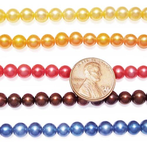 Yellow, Gold, Red, Chocolate and Blue 6-7mm AA+ Round Pearl Strands