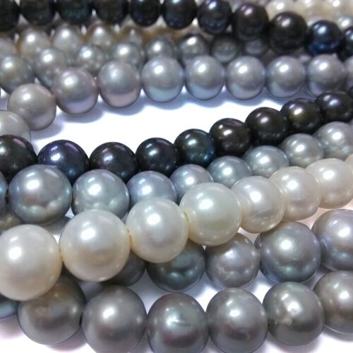 White, Black and Grey 11-12mm Round Pearls on Temporary Strands, 2.3mm Hole