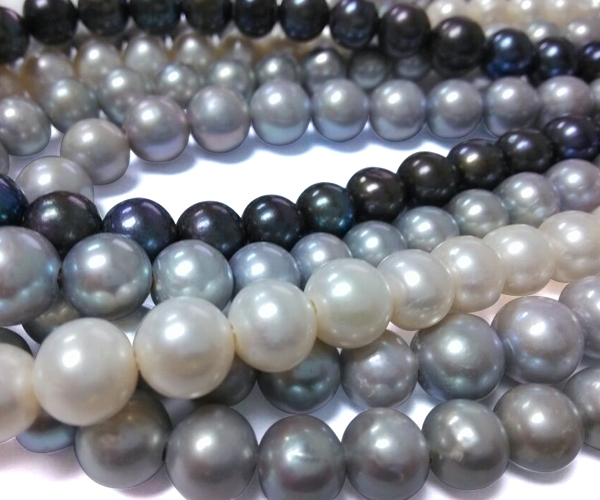 White, Black and Grey 11-12mm Round Pearls on Temporary Strands, 2.3mm Hole